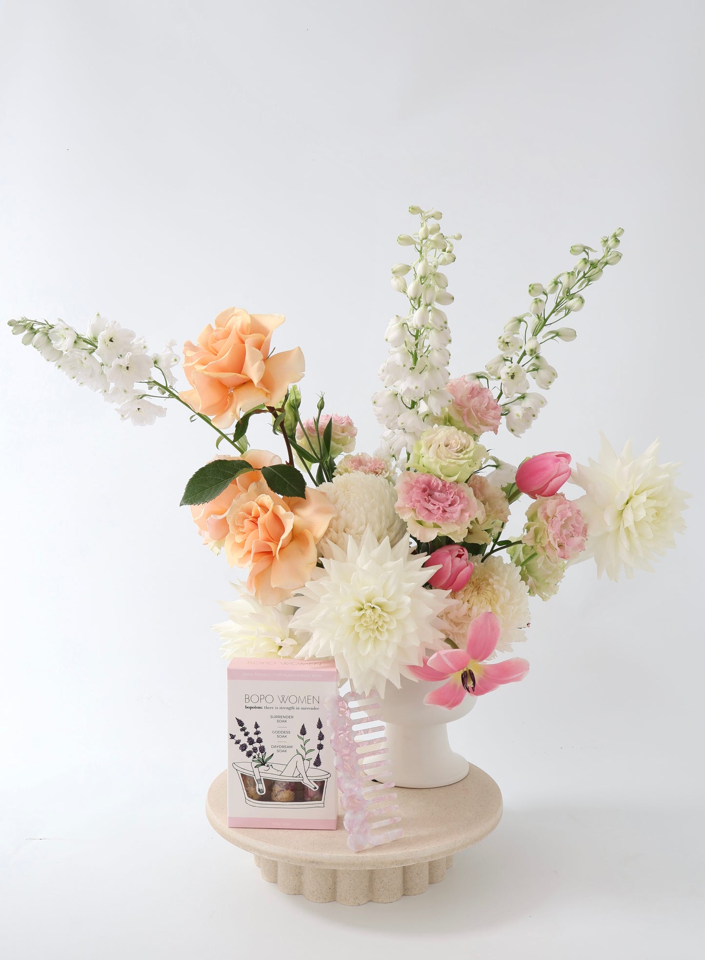 Fresh flower ceramic compote arrangement with bath soak & comb gift set 