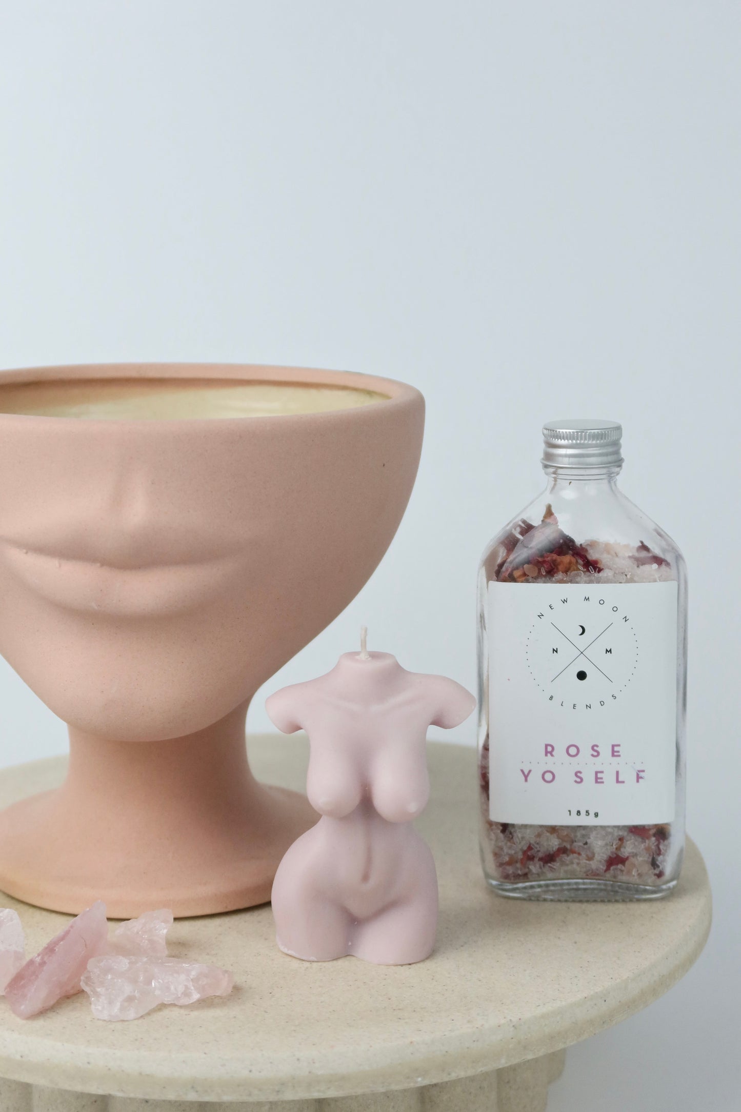 Blush: Homeware, Bath & Body Gift Hamper. Including Perfume Roller, Soy wax candle, Rose bath soak and a Jones and Co Vase handmade ceramic lip vase.