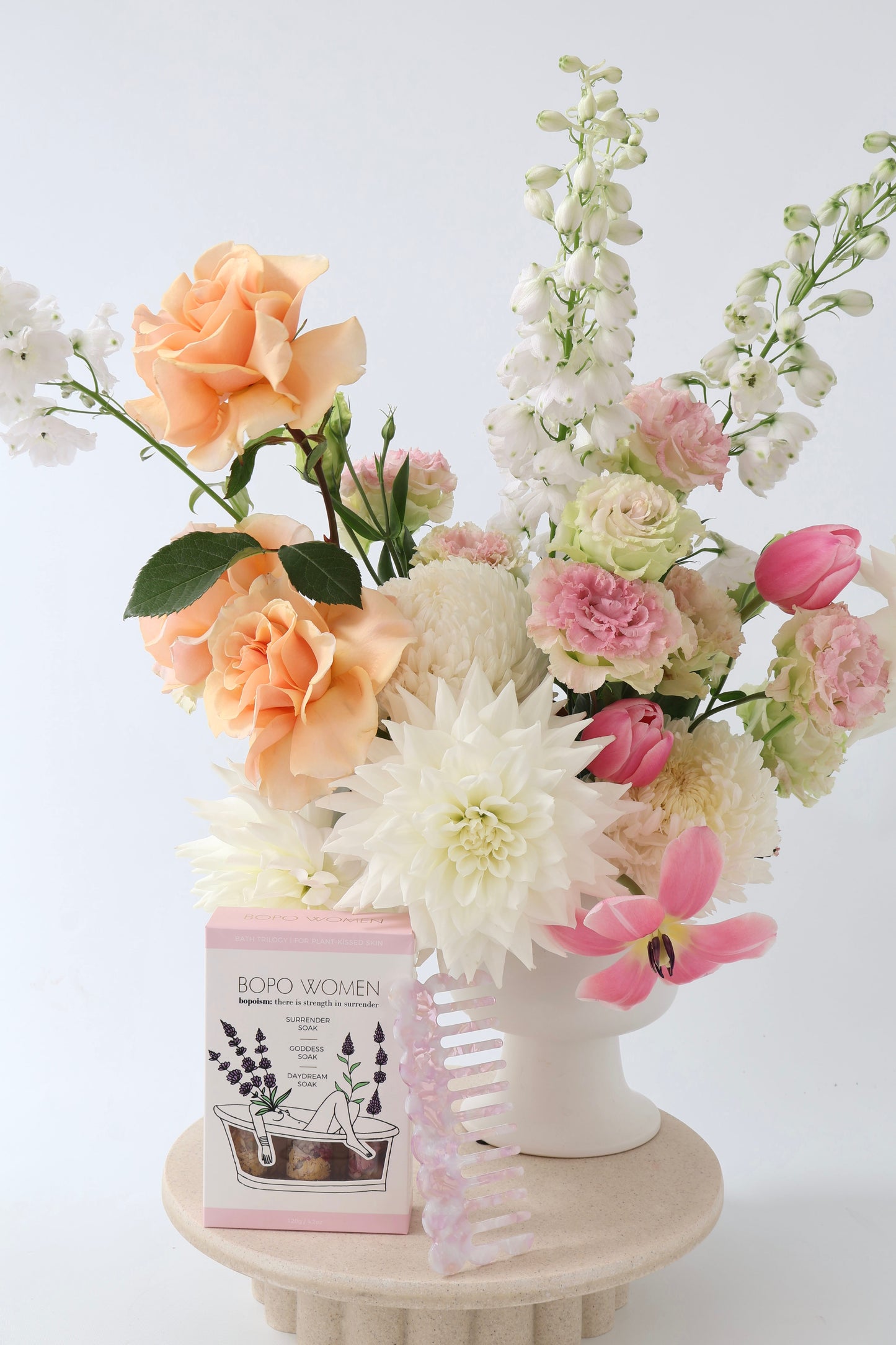 Fresh flower ceramic compote arrangement with bath soak and comb gift set