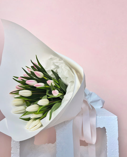 Fresh florist bouquet of Tulips in pink and white. Same day delivery Hobart Tasmania