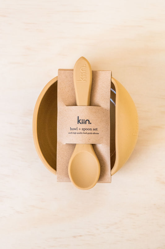 Baby silicone suction bowl and spoon set by Kiin.