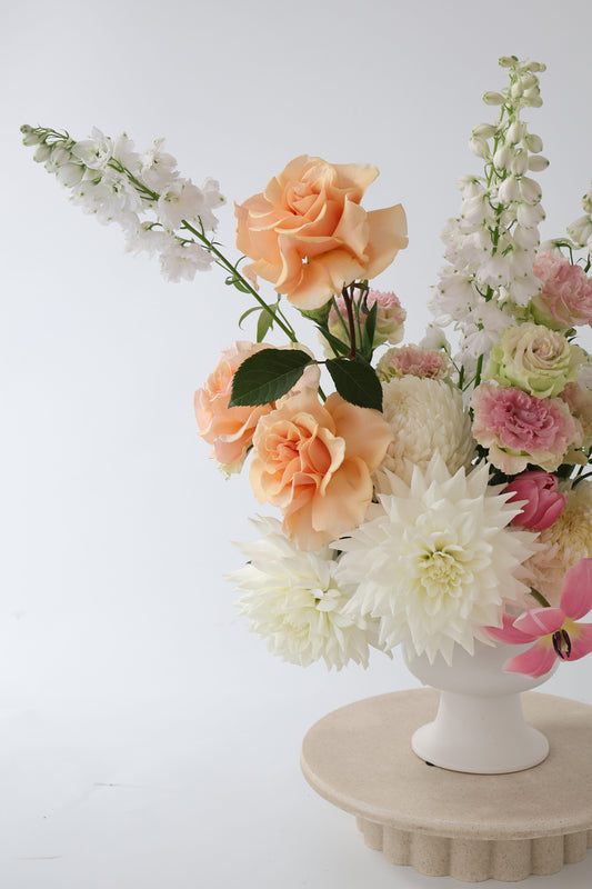 Fresh flower ceramic compote arrangement