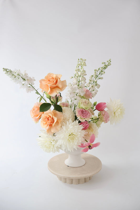 Fresh flower ceramic compote arrangement