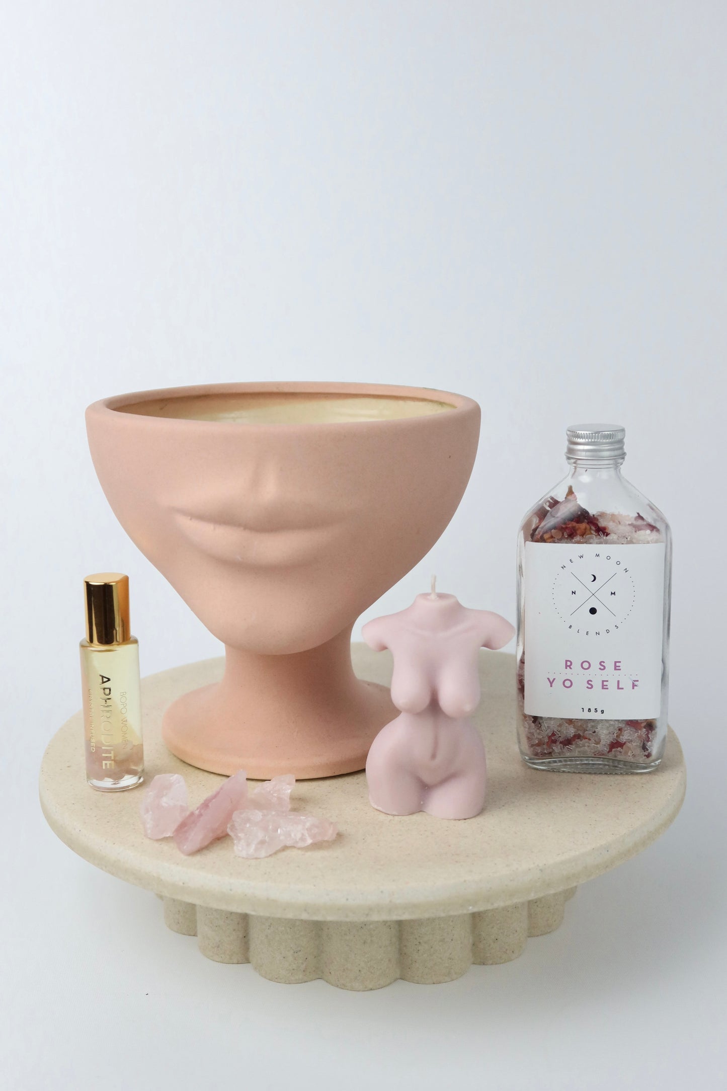 Blush: Homeware, Bath & Body Gift Hamper. Including Perfume Roller, Soy wax candle, Rose bath soak and a Jones and Co Vase.