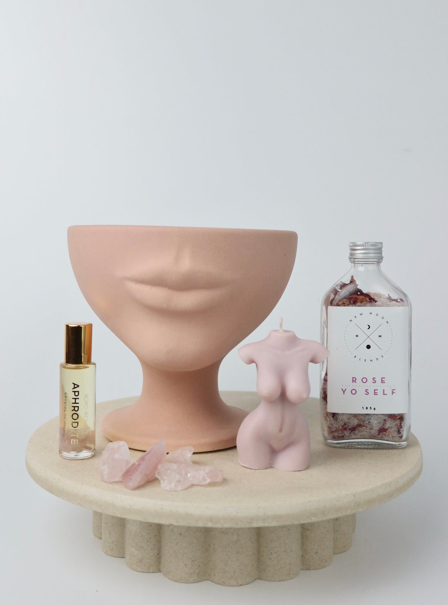 Blush: Homeware, Bath & Body Gift Hamper. Including Perfume Roller, Soy wax candle, Rose bath soak and a Jones and Co Vase.