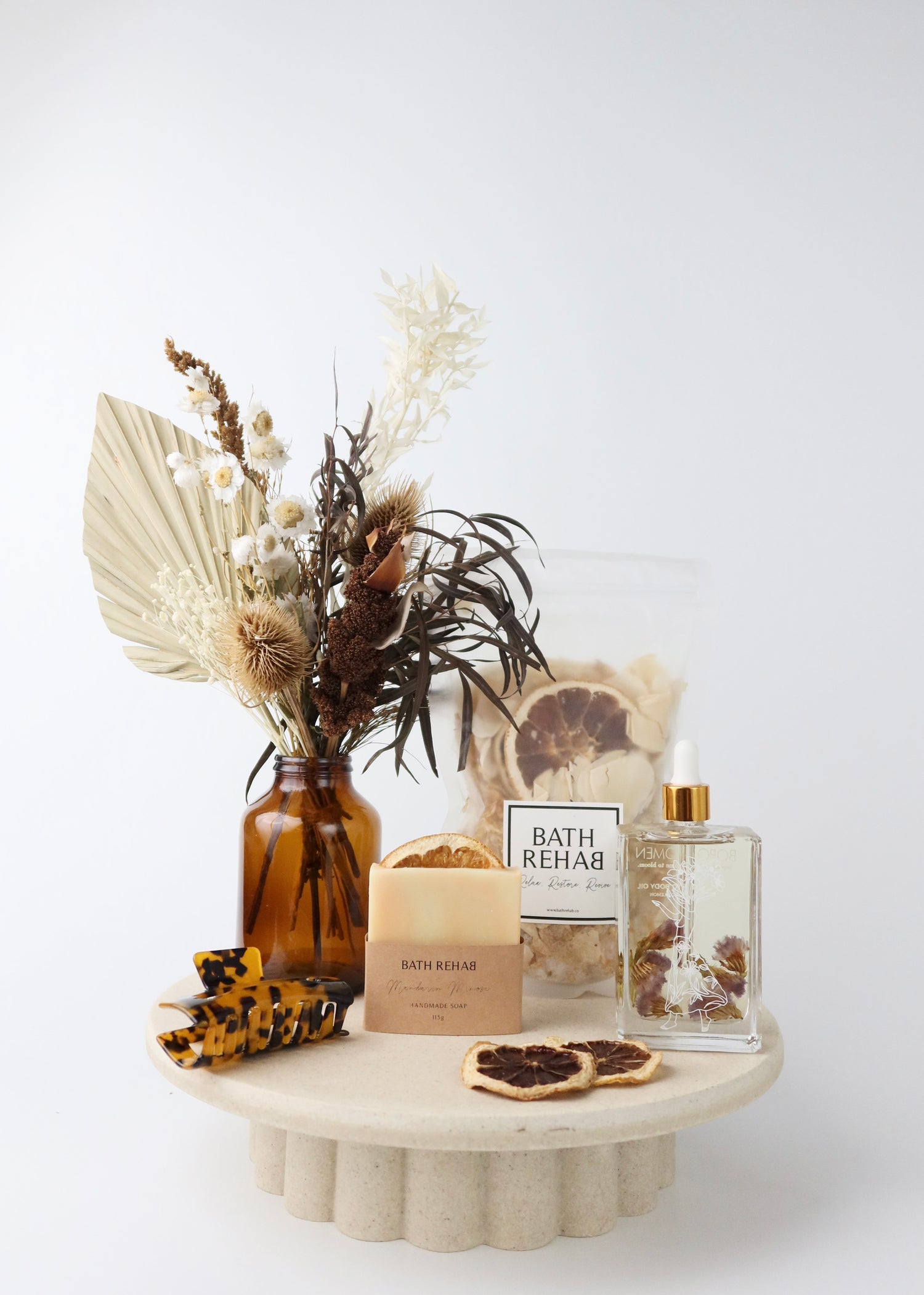 Dried Flower Arrangement in Vase & Self Care Gift Hamper. Including Bath Soak, Hair Clip, Body Oil & Soap Bar.