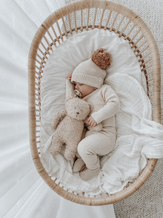 By Ziggy Lou - 100% cotton baby clothing featuring Biscotti Fleck Beanie with pom pom.