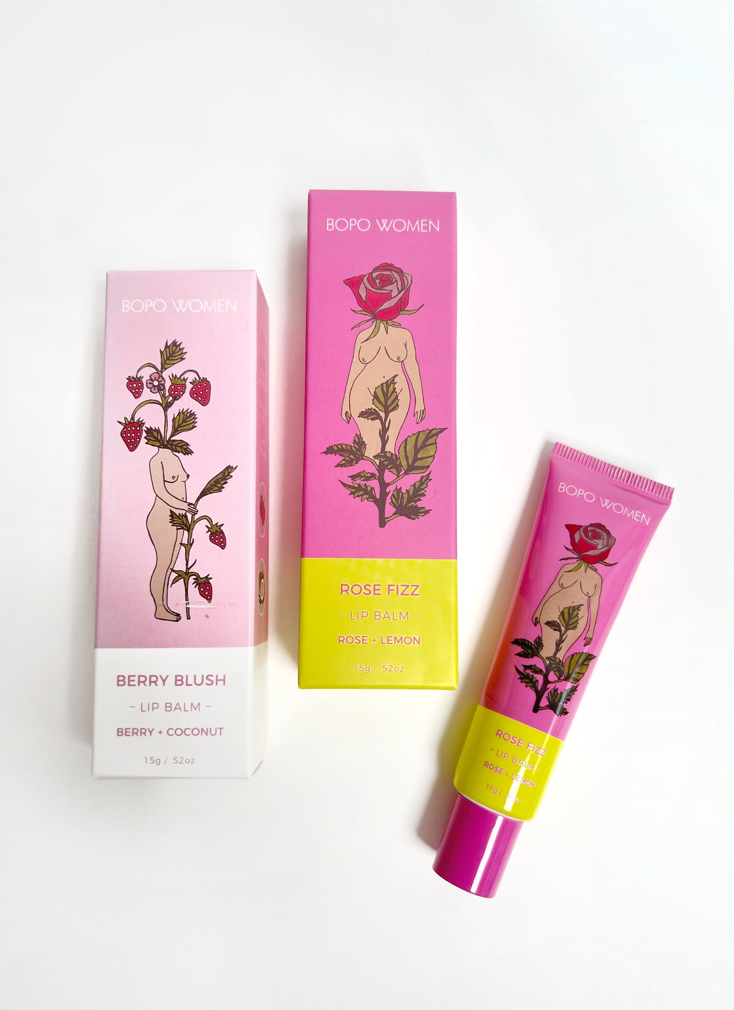 Berry Blush berry and coconut and Rose Fizz Rose and Lemon flavoured lip balms by Bopo Women.